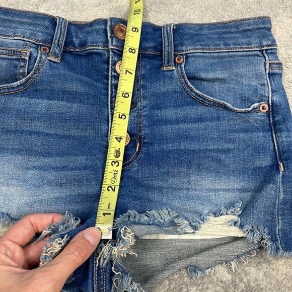 American Eagle Hi Rise Shortie Shorts Denim Jean Button Fly Distressed Cut Off 4 - Picture 6 of 12
